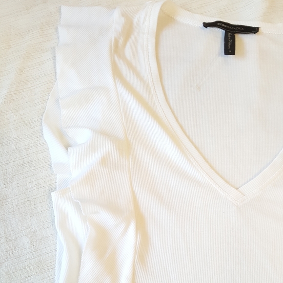 BCBG Off White Ribbed Blouse With Front & Back Ruffles - Picture 8 of 13